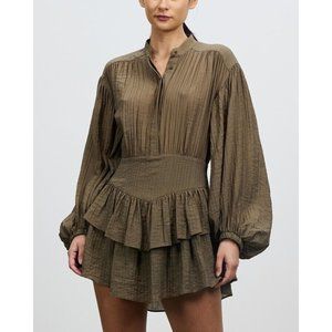 Shona Joy Mila Balloon Sleeve Mini Dress Olive Green Pleated